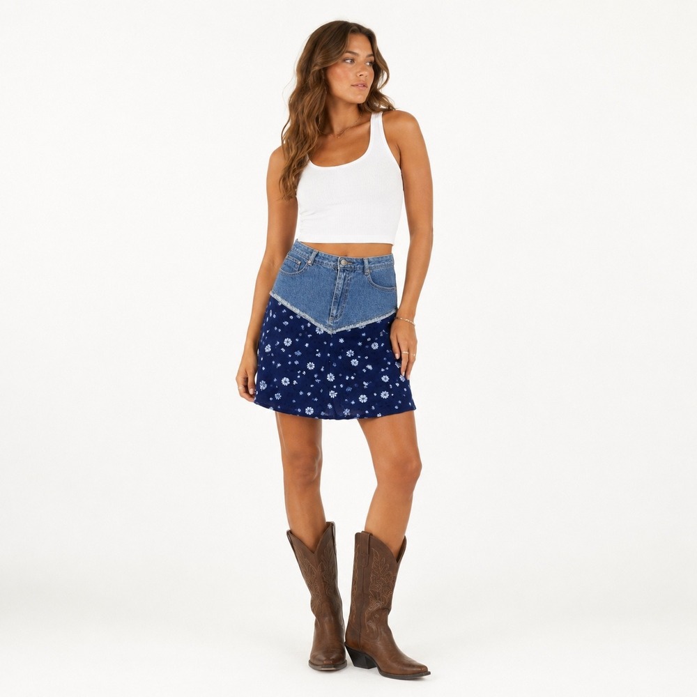 Vintage True Blue Denim Floral Patchwork Skirt Blue Daisy Frayed Size 9/10 Y2K